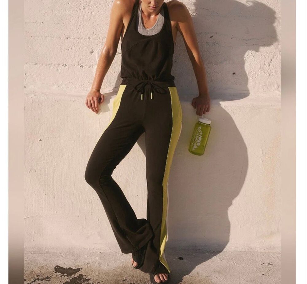 Free People Movement Black/Neon Green Combo New Flow Flare Jumpsuit Size Small